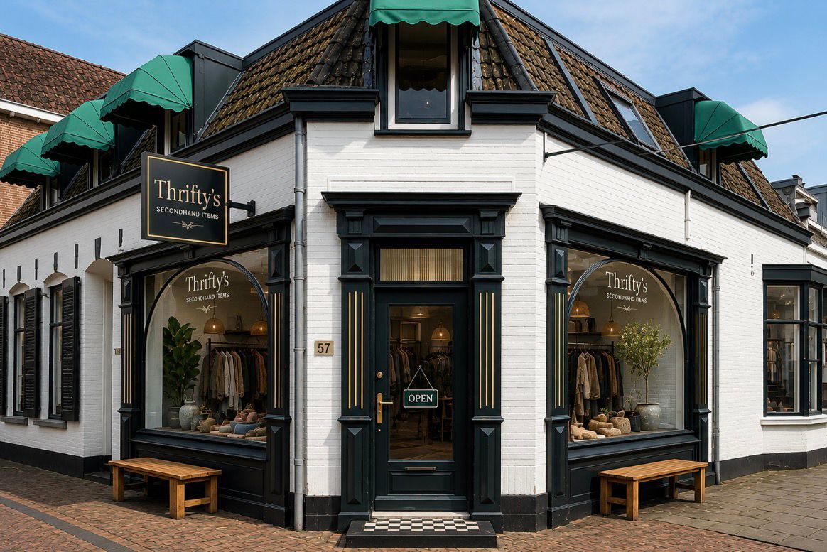 De gevel van Thrifty's: een hoekpand met witte bakstenen, groene zonneschermen en een uithangbord